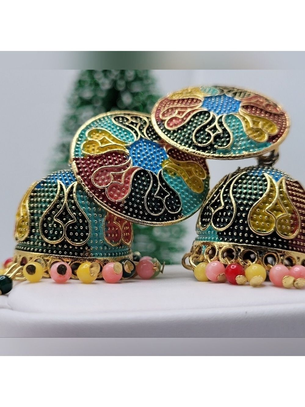 ✨2/$10✨ Gold Jhumki Earrings with Multicolor Beads Ethnic Statement Jewelry - Picture 7 of 11